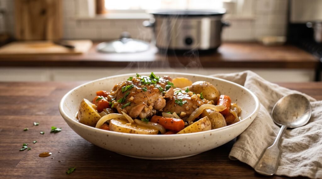 Crockpot honey garlic chicken thighs with baby potatoes and carrots in a savory sauce.