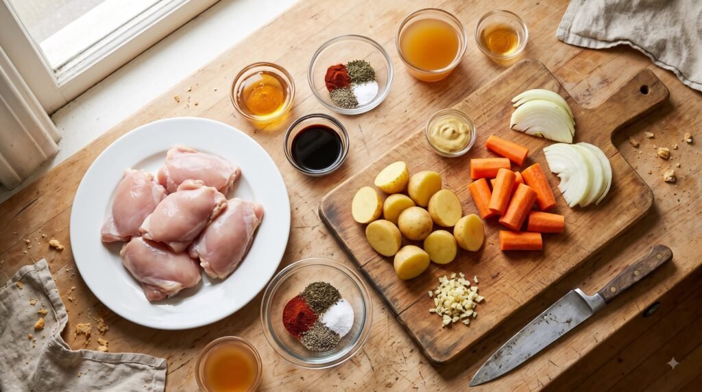 Chicken thighs, baby potatoes, carrots, onion, garlic, honey, soy sauce, and herbs prepared for a crockpot dinner.