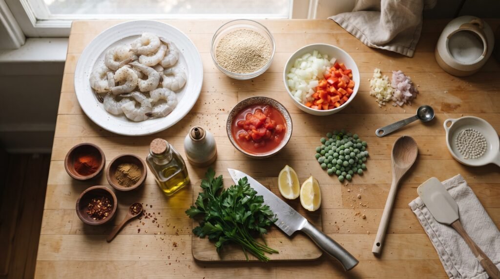 Raw shrimp, rinsed quinoa, vegetables, tomatoes, garlic, spices, and lemon prepared for a skillet recipe
